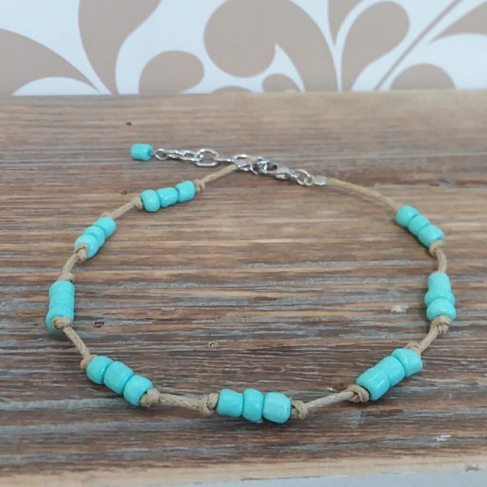 Turquoise Beaded Beige Cord Ankle Bracelet